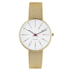 Arne Jacobsen - Bankers Watch mit weißem Zifferblatt und goldenem Netzarmband. Ø34