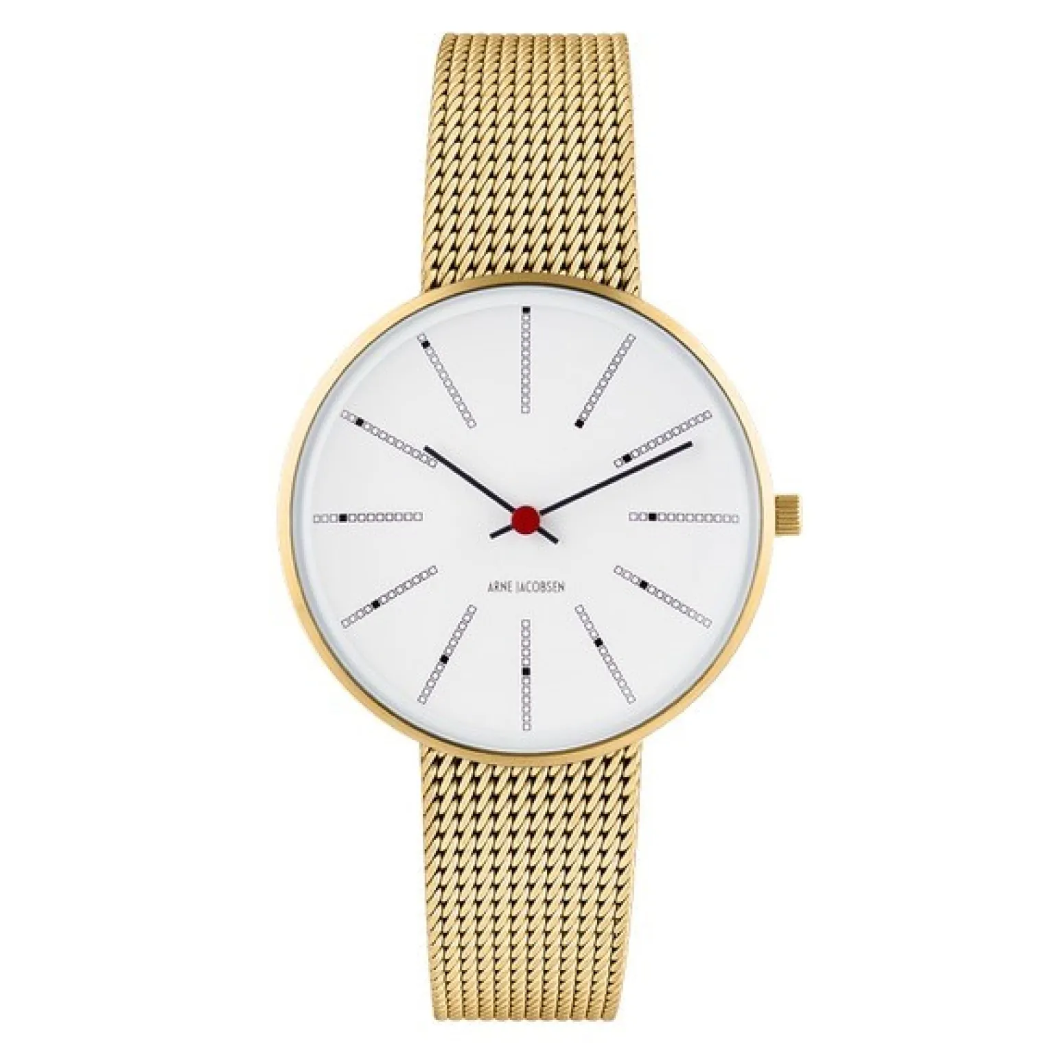 Arne Jacobsen - Bankers Watch mit weißem Zifferblatt und goldenem Netzarmband. Ø34