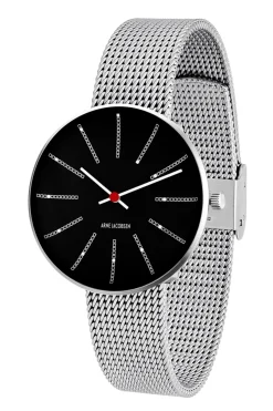 Arne Jacobsen - Bankers Watch - Ø34 - Schwarzes Zifferblatt, Stahlnetzarmband