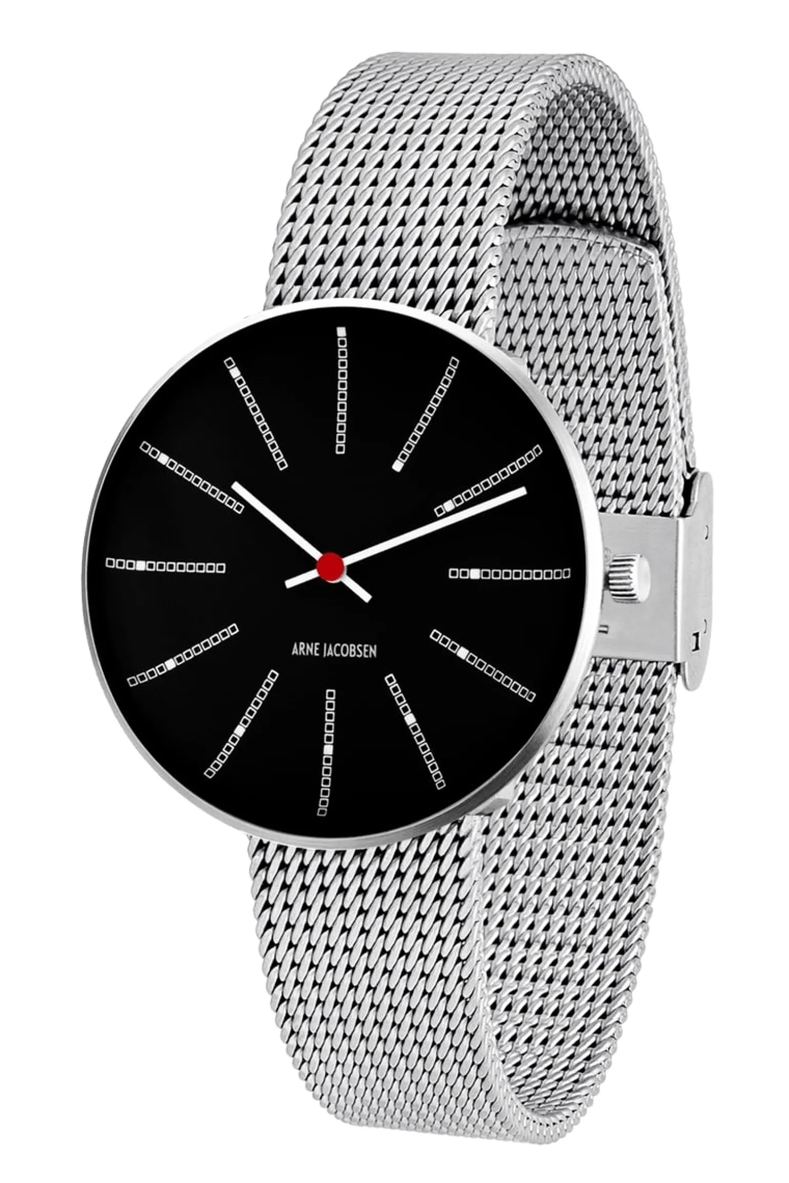Arne Jacobsen - Bankers Watch - Ø34 - Schwarzes Zifferblatt, Stahlnetzarmband