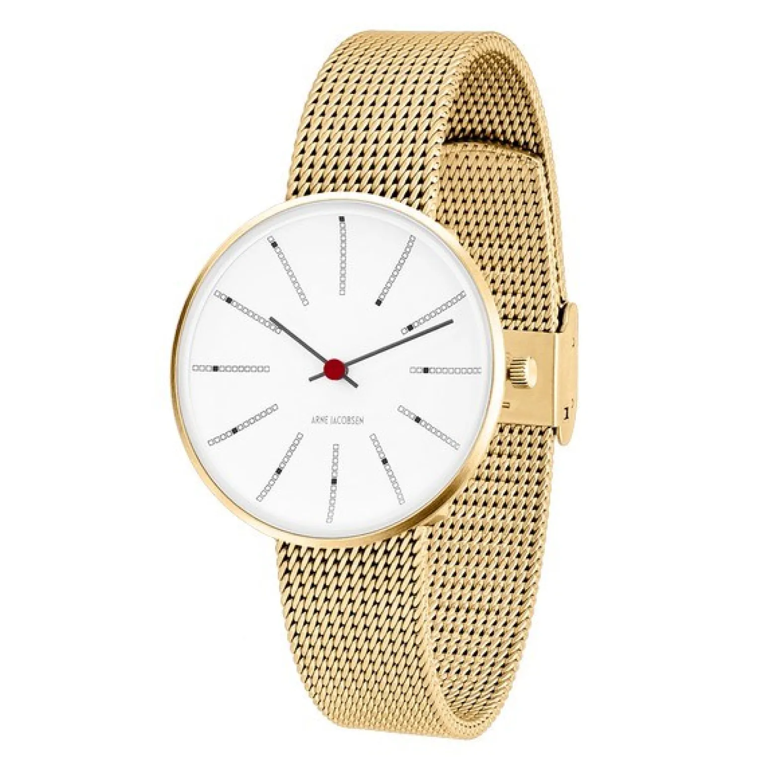 Arne Jacobsen - Bankers Watch mit weißem Zifferblatt und goldenem Netzarmband. Ø34