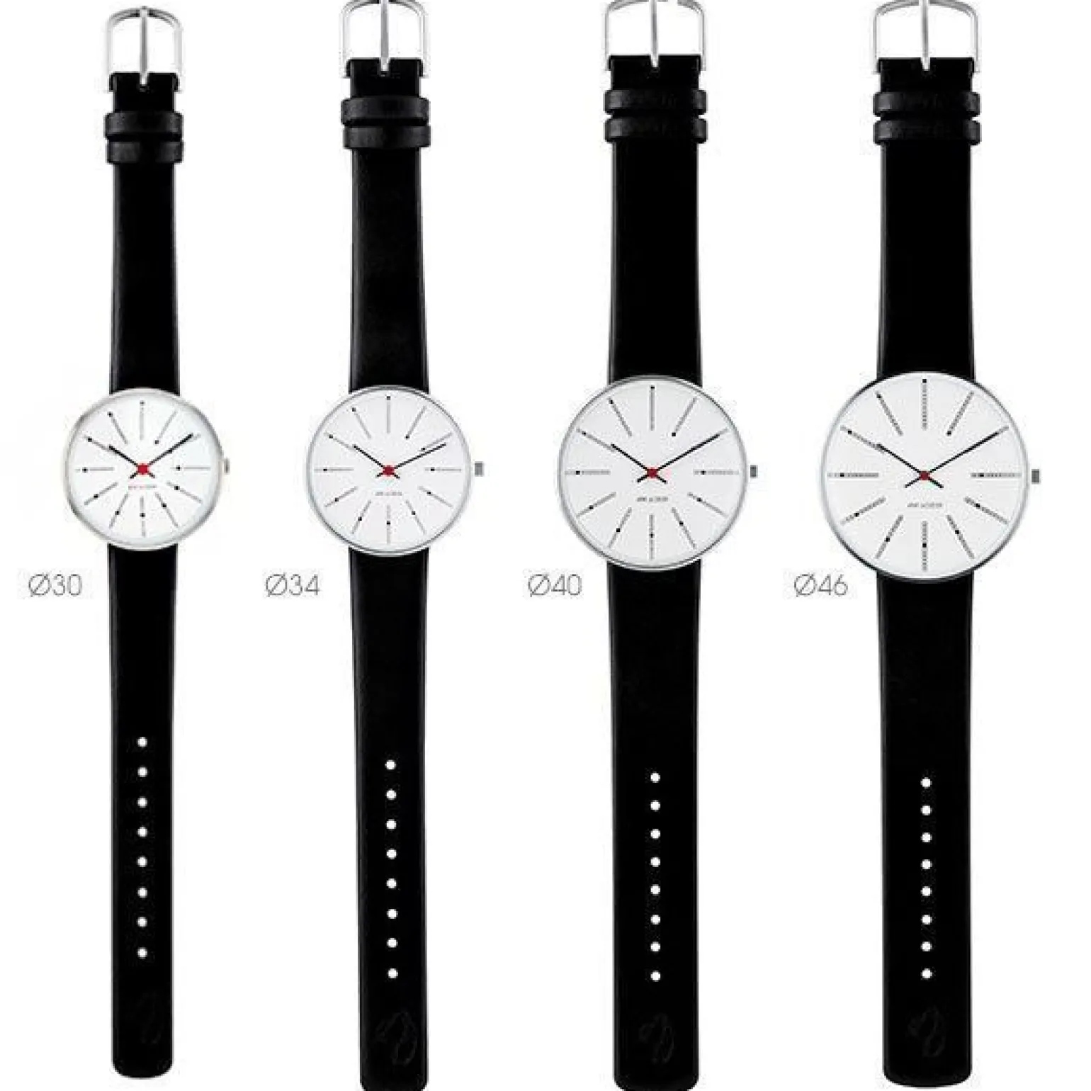 Arne Jacobsen - Bankiersuhr - Ø30 - Weißes Zifferblatt, rotes Armband