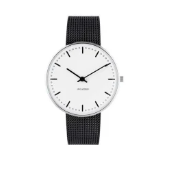 Arne Jacobsen - City Hall Watch - Ø34 - Weißes Zifferblatt, schwarzes Mesh-Armband