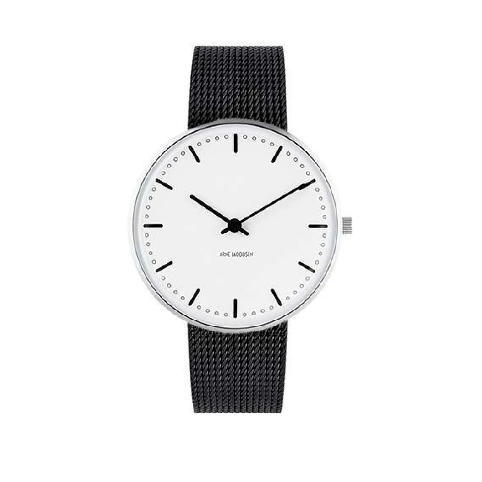 Arne Jacobsen - City Hall Watch - Ø34 - Weißes Zifferblatt, schwarzes Mesh-Armband