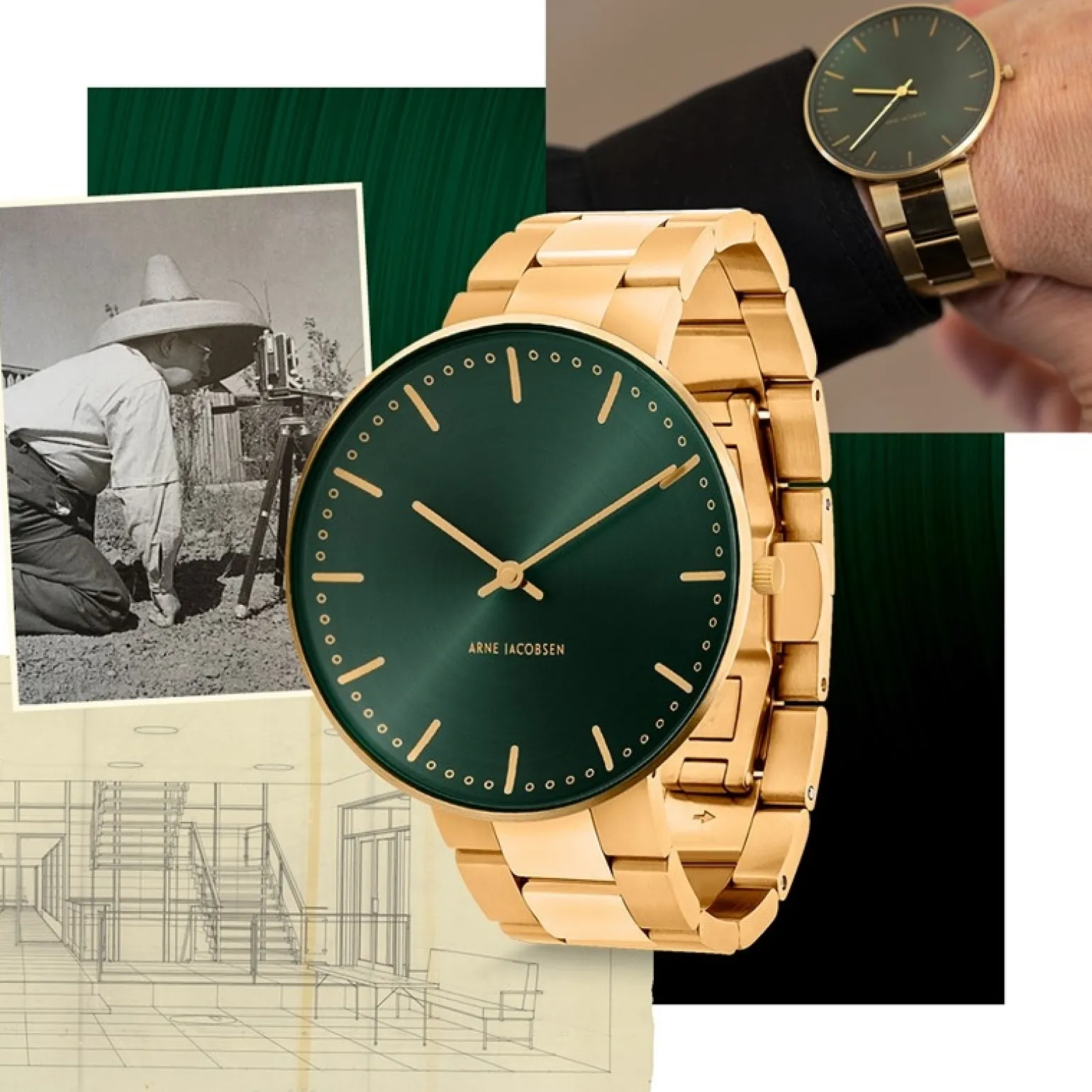 Arne Jacobsen - Rathausuhr mit grünem Zifferblatt und Goldarmband Ø40