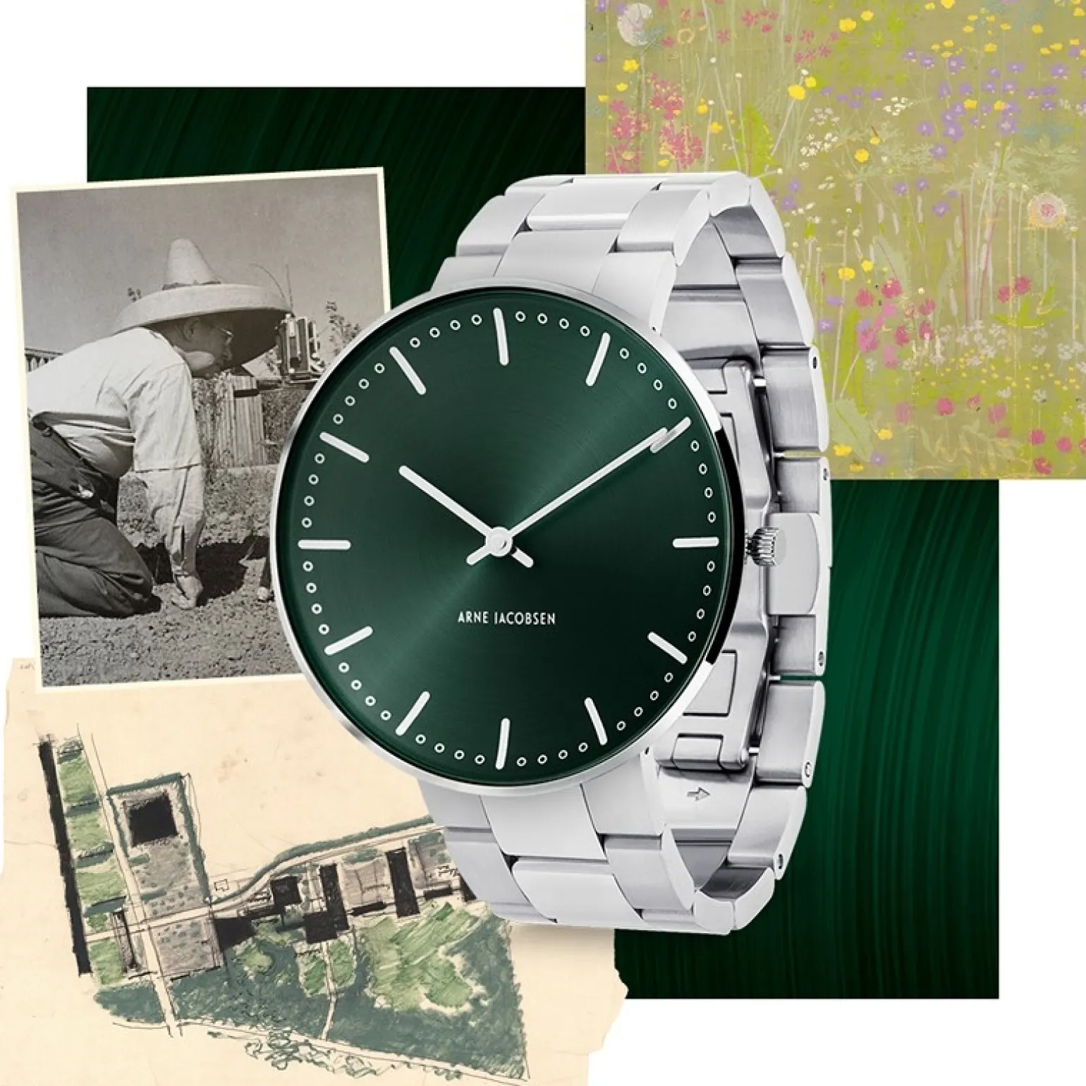 Arne Jacobsen - Rathausuhr mit grünem Zifferblatt und Stahlarmband Ø40