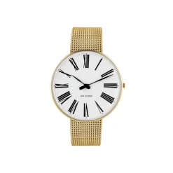 Arne Jacobsen - Römische Uhr - Ø40 - Weißes Zifferblatt, goldenes Netzarmband, IPG-Gehäuse