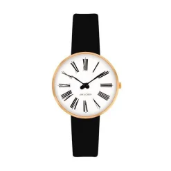 Arne Jacobsen - Roman Watch - Ø30 - Weißes Zifferblatt, schwarzes Armband, gebürstetes IP-Goldgehäuse