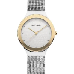 Bering Klassische Damenuhr in poliertem Silber mit Silbernem Netzarmband und goldenen Details
