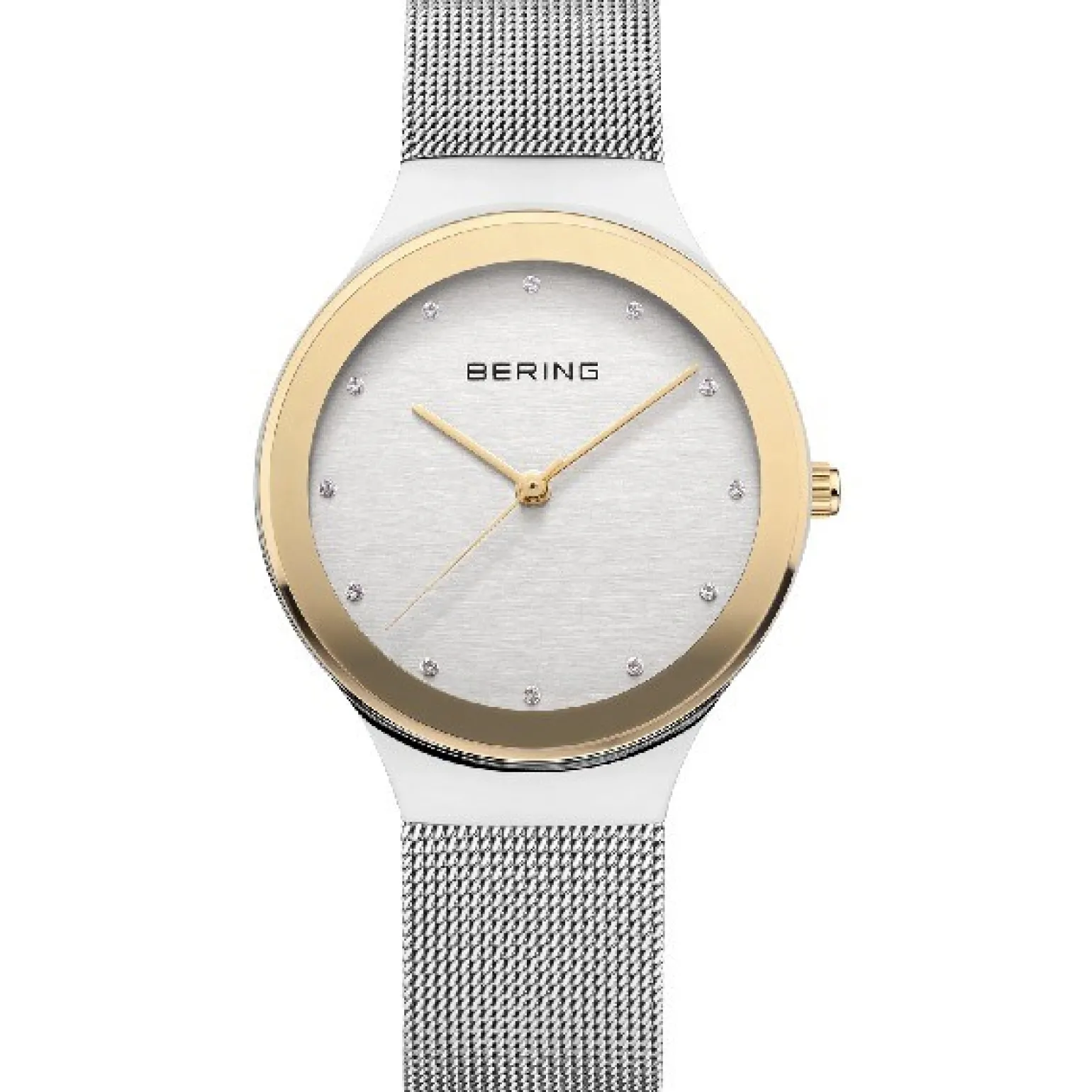 Bering Klassische Damenuhr in poliertem Silber mit Silbernem Netzarmband und goldenen Details