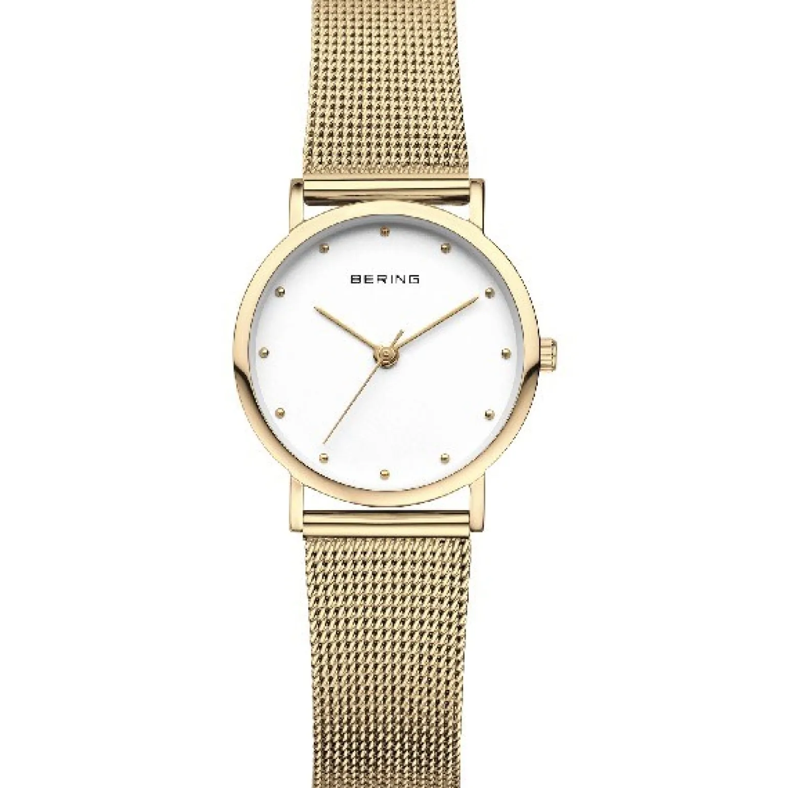 Bering Klassische Damenuhr aus poliertem Gold und goldenem Netzarmband