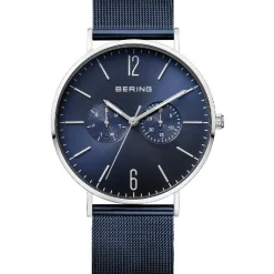 Bering Klassische Herrenuhr in poliertem Silber mit blauem Netzarmband und Zifferblatt