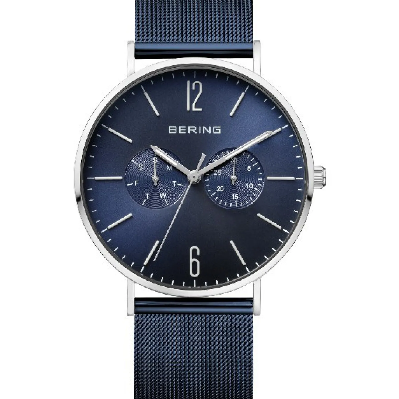 Bering Klassische Herrenuhr in poliertem Silber mit blauem Netzarmband und Zifferblatt