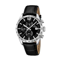 Festina - Chronograph Herrenuhr aus Silber mit schwarzem Krokodillederarmband