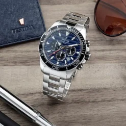 Festina - Chronograph Herrenuhr aus Stahl mit blauem Zifferblatt