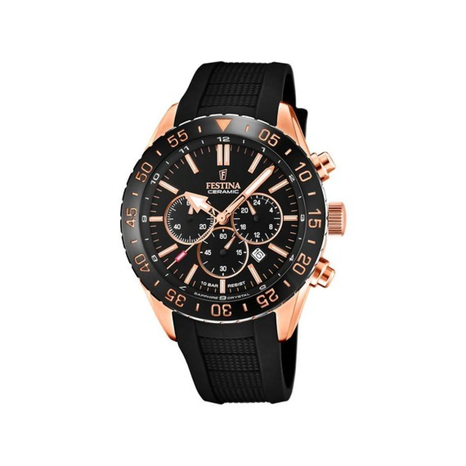 Festina - Keramik Herrenuhr aus rosévergoldetem Silber mit schwarzem Kautschukarmband