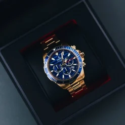 Festina - Prestige Herrenuhr in Gold doppelt mit blauem Zifferblatt und Stoppuhr