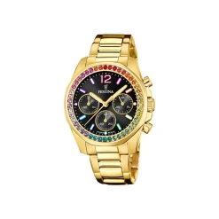 Festina - Rainbow Damenuhr in Gold mit schwarzem Zifferblatt und farbigen Steinen**