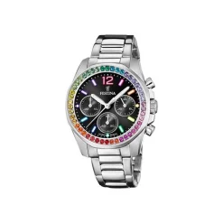 Festina - Rainbow Damenuhr aus Stahl mit schwarzem Zifferblatt und Zirkonia**