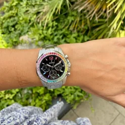 Festina - Rainbow Damenuhr aus Stahl mit schwarzem Zifferblatt und Zirkonia**