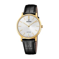 Festina - SWISS MADE Herrenuhr in Gold doppelt mit schwarzem geprägtem Lederband