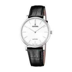 Festina - SWISS MADE Herrenuhr aus Stahl mit schwarzem geprägtem Lederarmband