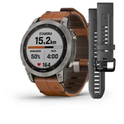 GARMIN - Fenix 7S Sapphire Solar mit Titanium und braunem Lederarmband