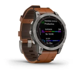 GARMIN - Fenix 7S Sapphire Solar mit Titanium und braunem Lederarmband
