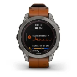 GARMIN - Fenix 7S Sapphire Solar mit Titanium und braunem Lederarmband