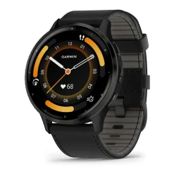 Garmin - Venu 3 schwarz Uhrenlünette in Stahl und schwarzem Lederarmband