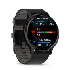 Garmin - Venu 3 schwarz Uhrenlünette in Stahl und schwarzem Lederarmband