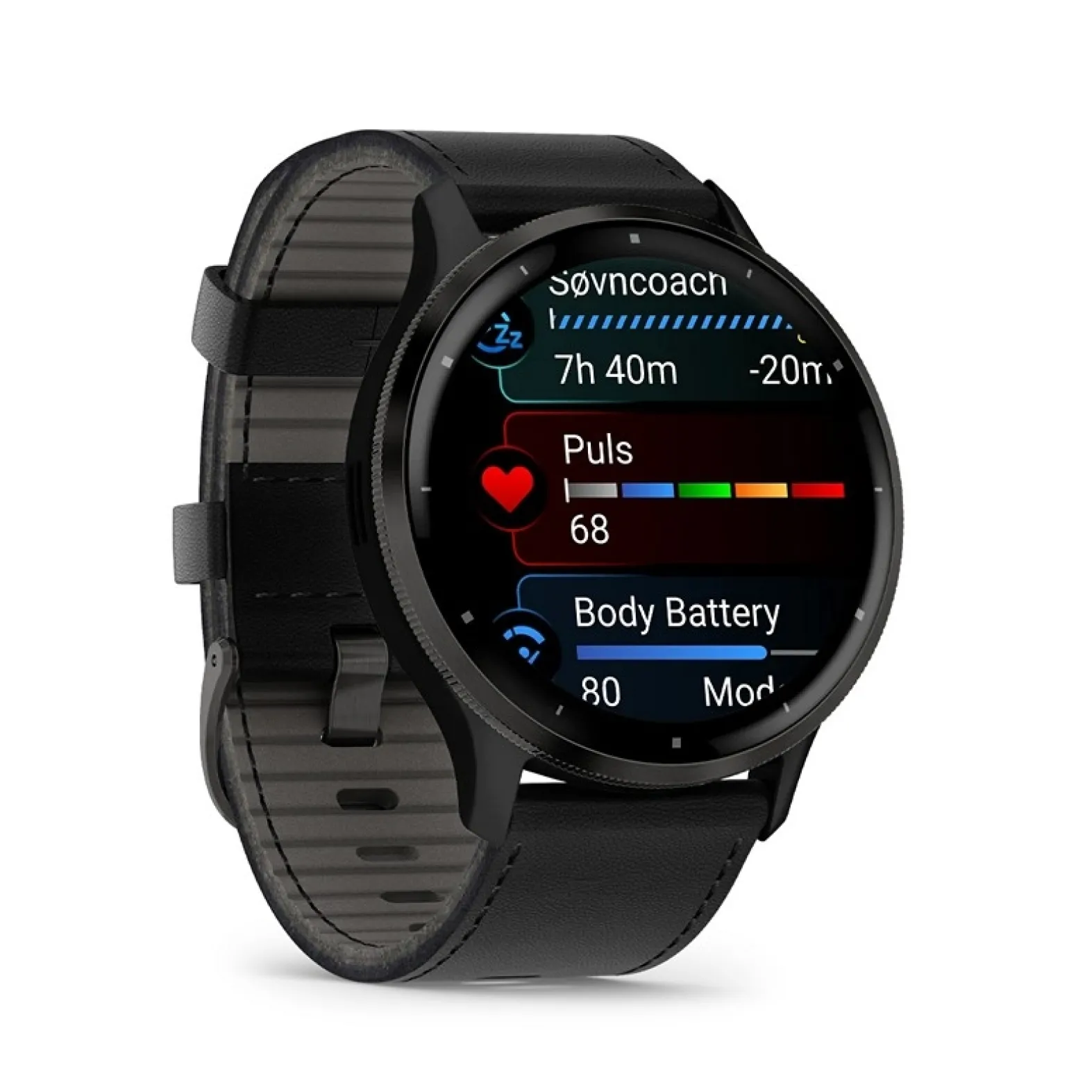 Garmin - Venu 3 schwarz Uhrenlünette in Stahl und schwarzem Lederarmband