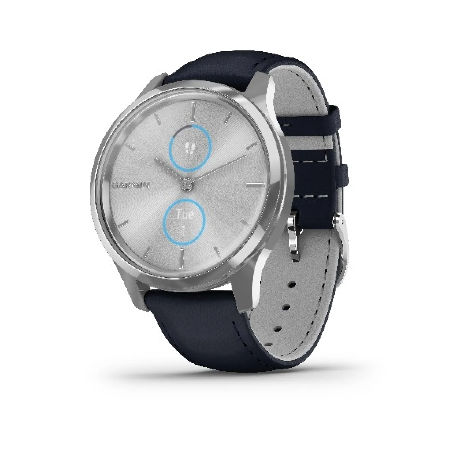 Garmin - Vivomove Luxe, WW, intelligente Uhr mit marineblauem Lederarmband.