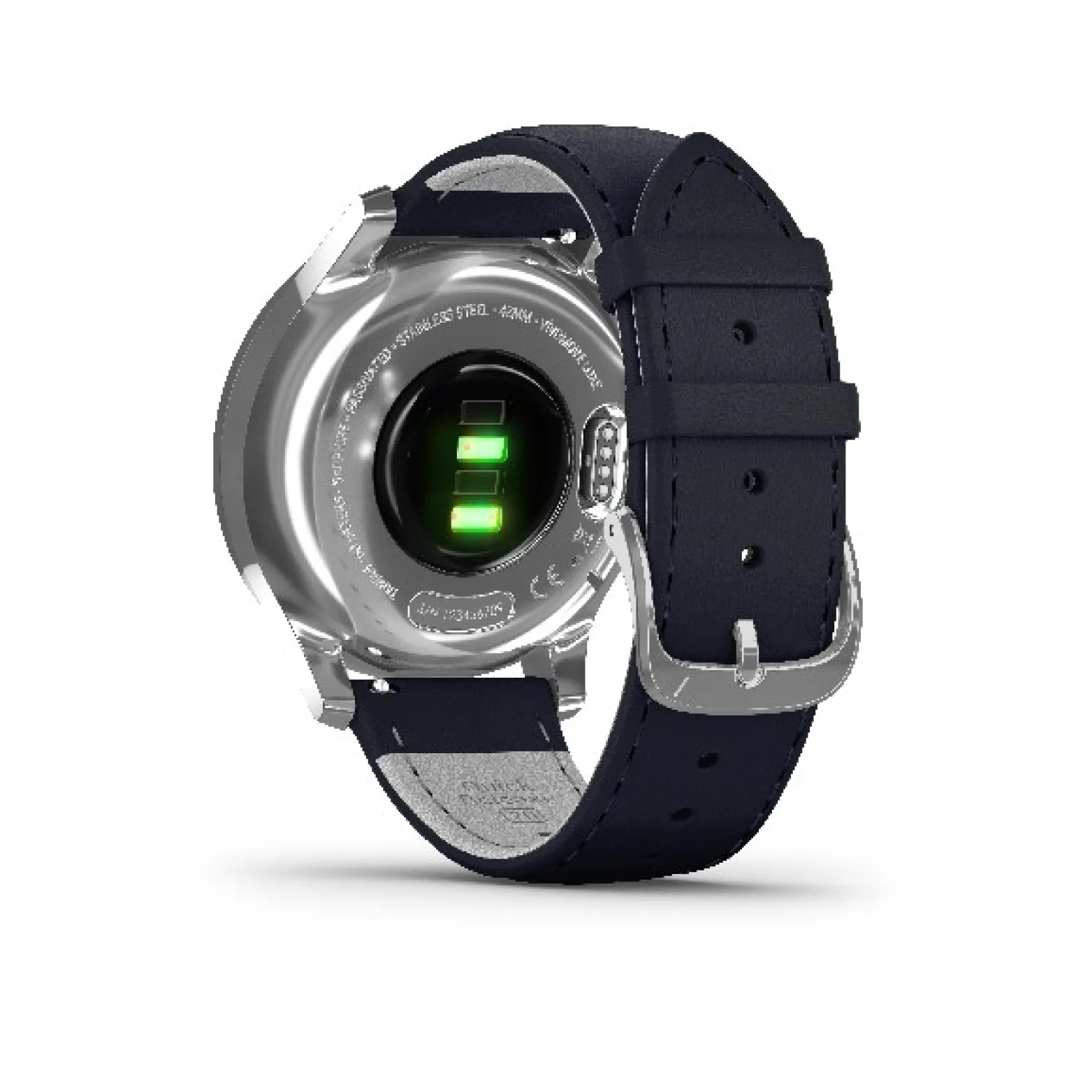 Garmin - Vivomove Luxe, WW, intelligente Uhr mit marineblauem Lederarmband.