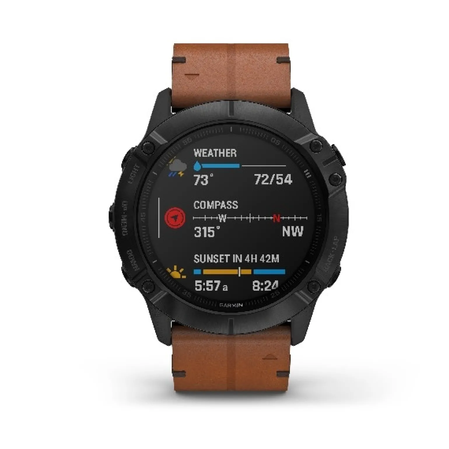 Garmin fenix 6X Pro und Sapphire, Schwarz DLC mit kastanienbraunem Lederband