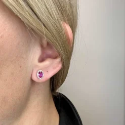 Ovale Rosettenknöpfe aus Silber mit Zirkonia und Kunststoff. rosa Saphir**