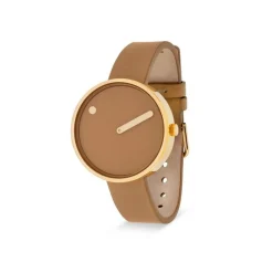 Picto - Braunes Zifferblatt mit Cappuccino-Lederarmband und vergoldetem 34 mm