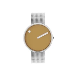 Picto Uhr - Senffarbenes Zifferblatt, Stahlnetzarmband - 30-40 mm